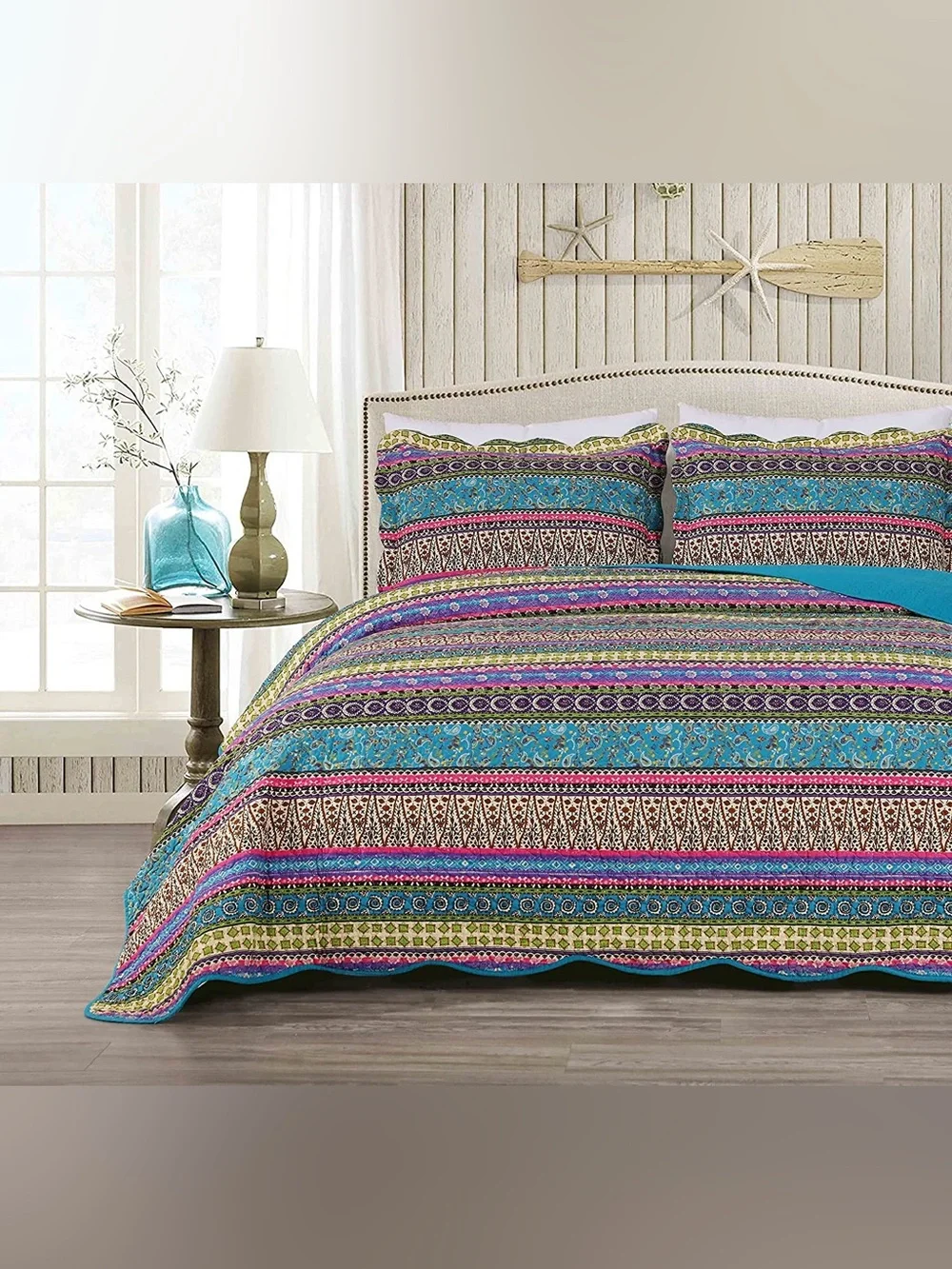 Bohemian Stripe king 3 piece Quilt Set in Turquoise and Purple 100% cotton